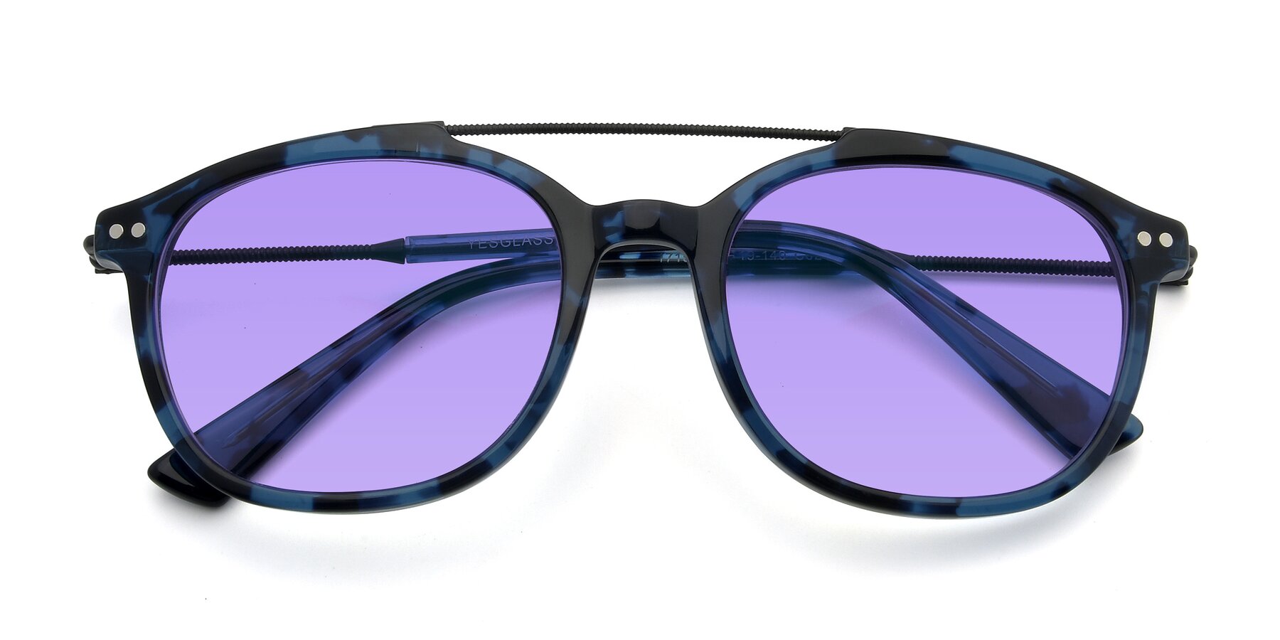 Folded Front of 17150 in Tortoise Blue with Medium Purple Tinted Lenses