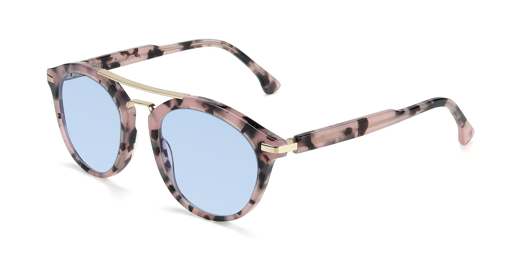 Angle of 17236 in Havana Floral-Gold with Light Blue Tinted Lenses