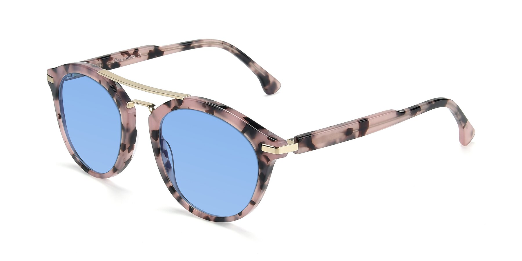 Angle of 17236 in Havana Floral-Gold with Medium Blue Tinted Lenses
