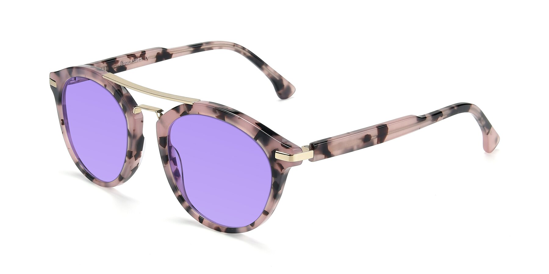 Angle of 17236 in Havana Floral-Gold with Medium Purple Tinted Lenses