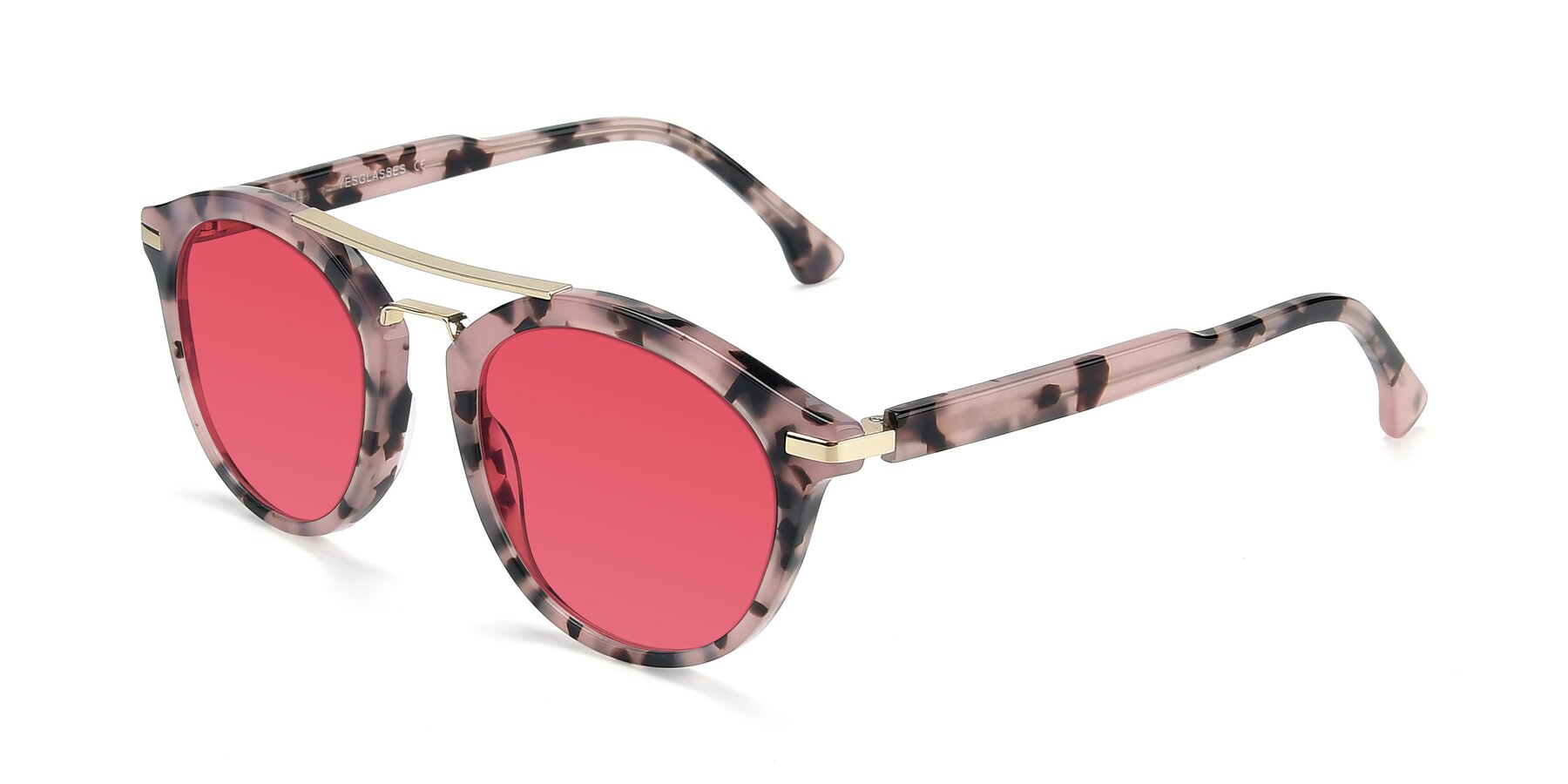 Angle of 17236 in Havana Floral-Gold with Red Tinted Lenses