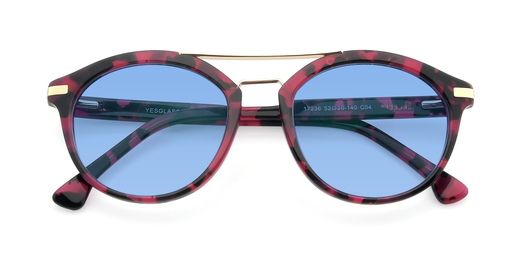 Folded Front of 17236 in Wine Tortoise with Medium Blue Tinted Lenses