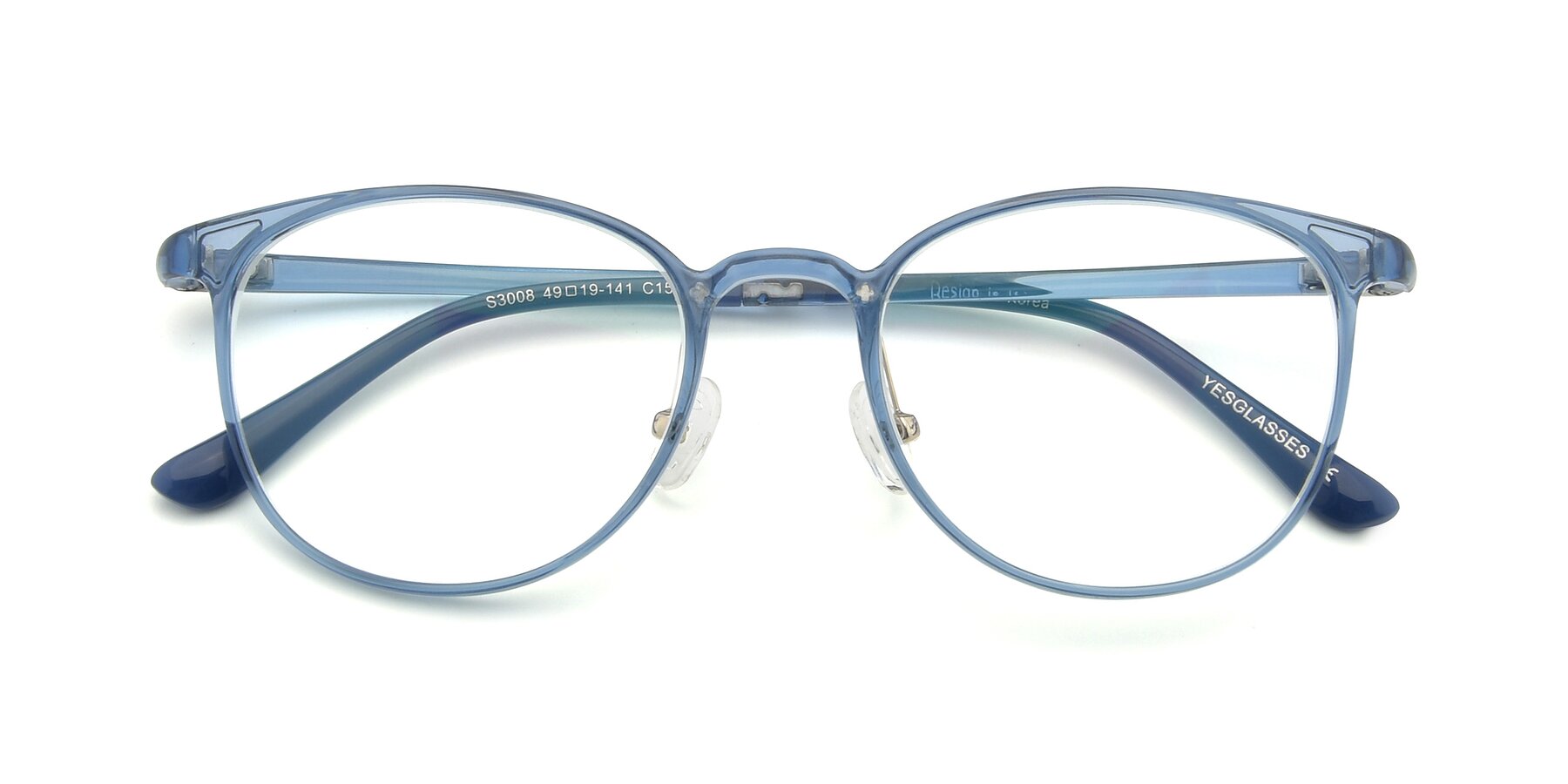 View of S3008 in Transparent Blue with Clear Reading Eyeglass Lenses