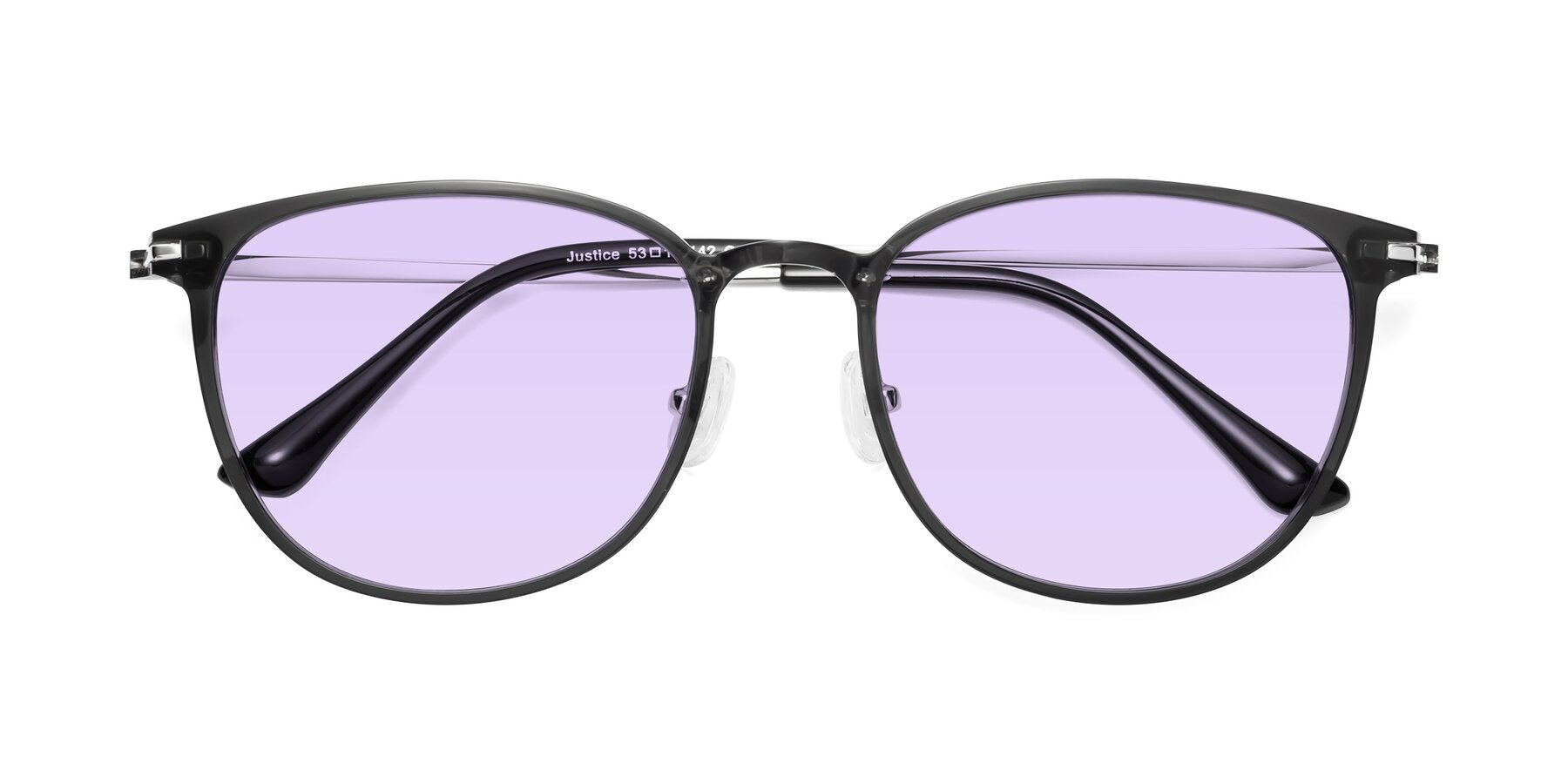 Folded Front of Justice in Translucent Gray with Light Purple Tinted Lenses
