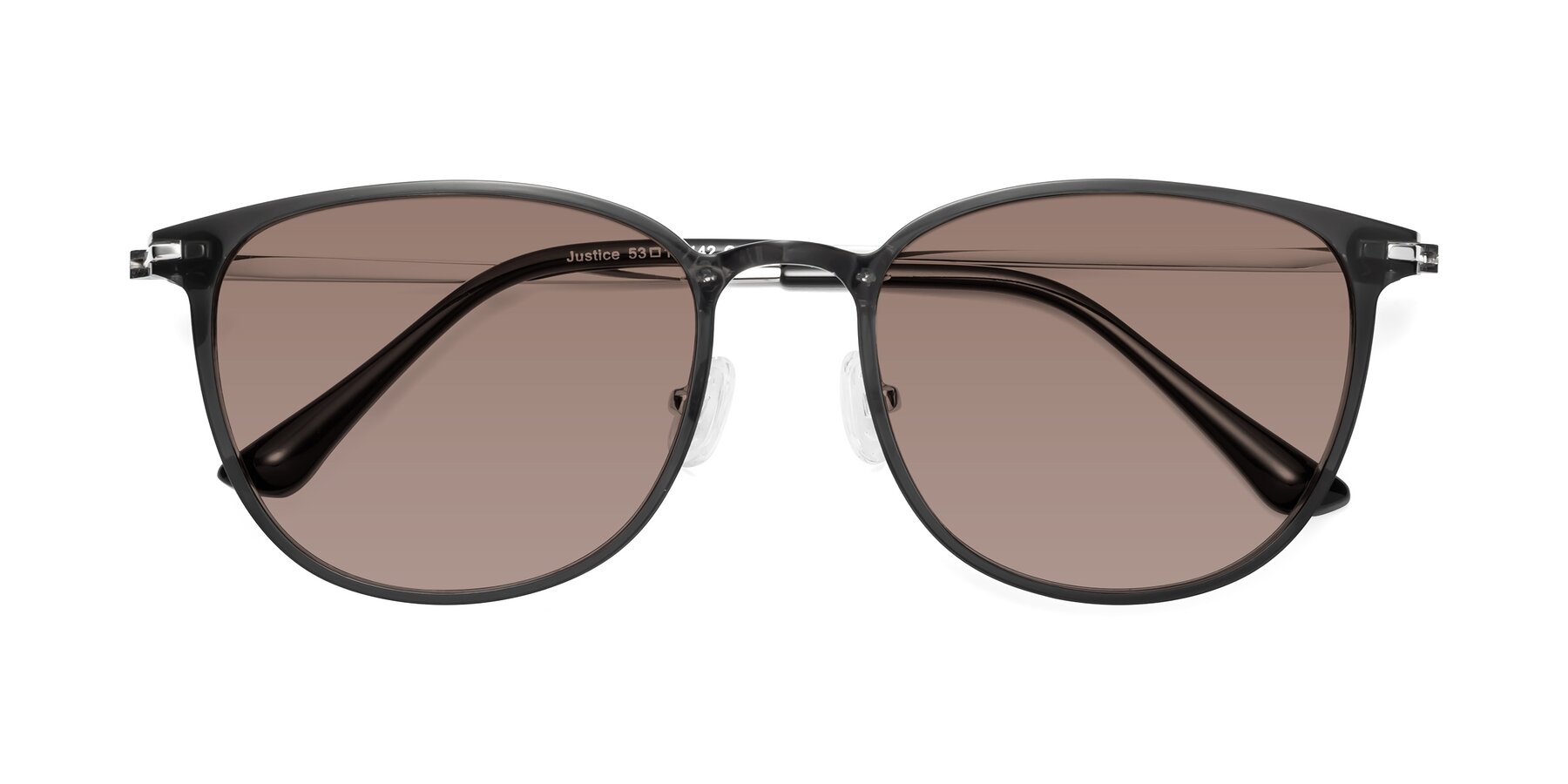 Folded Front of Justice in Translucent Gray with Medium Brown Tinted Lenses