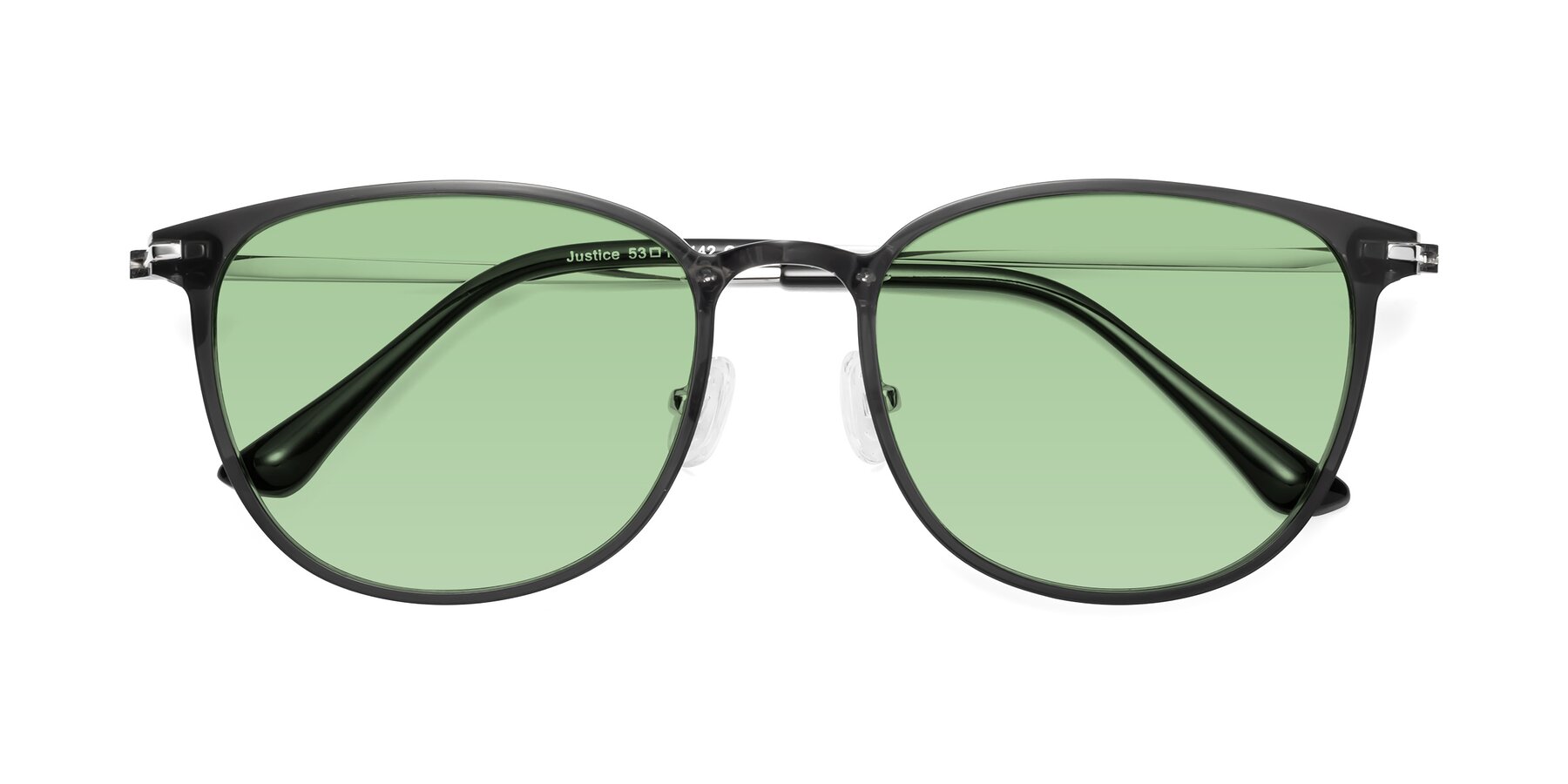 Folded Front of Justice in Translucent Gray with Medium Green Tinted Lenses