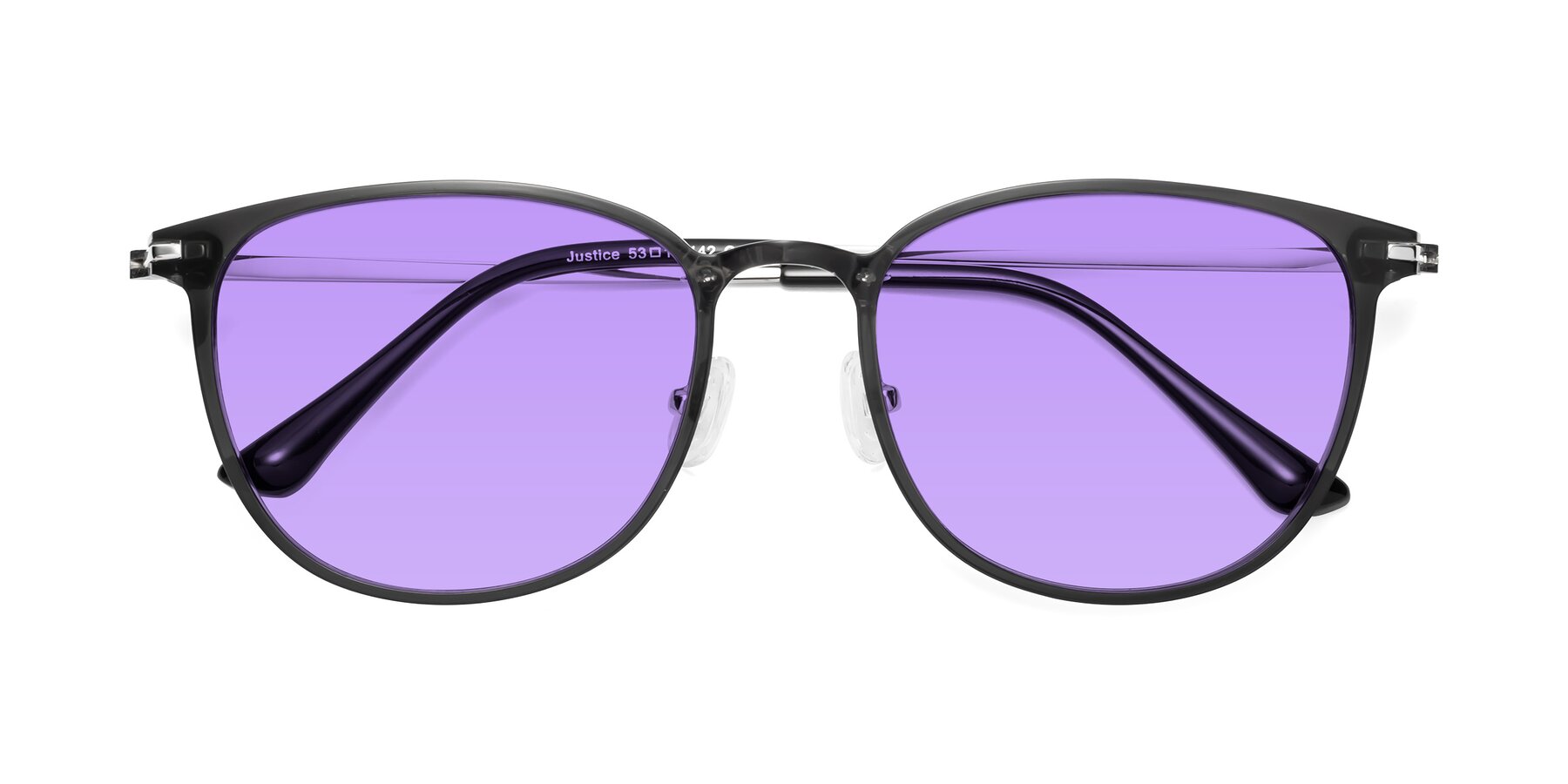 Folded Front of Justice in Translucent Gray with Medium Purple Tinted Lenses