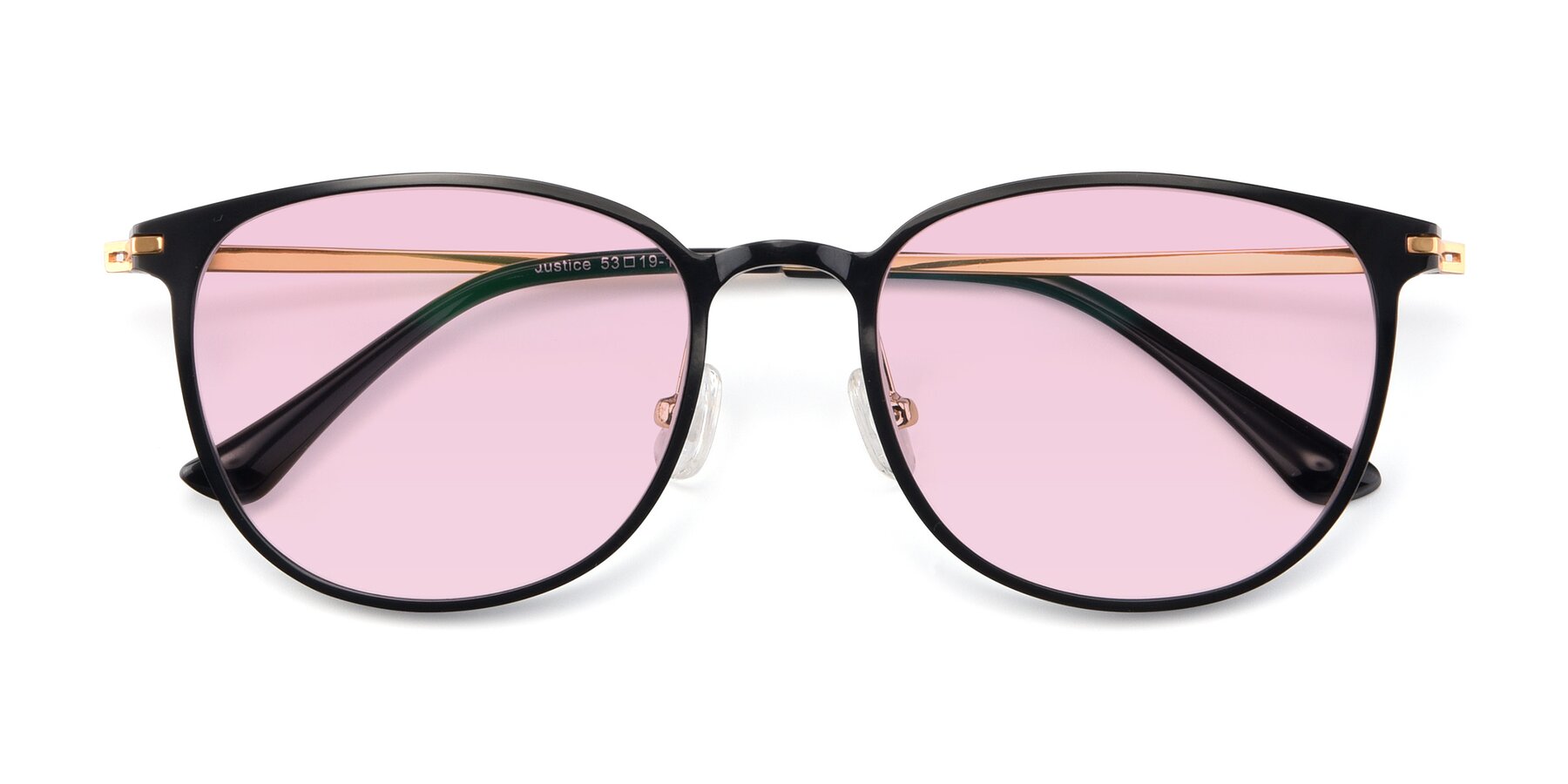 Folded Front of Justice in Black with Light Pink Tinted Lenses