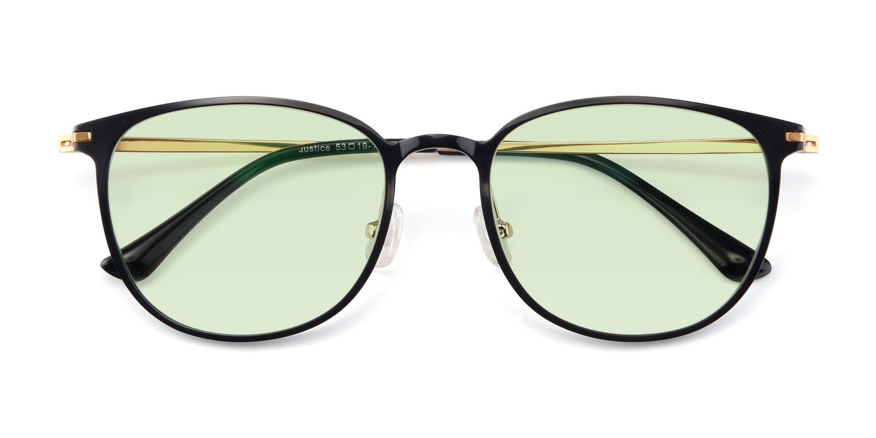 Folded Front of Justice in Black with Light Green Tinted Lenses