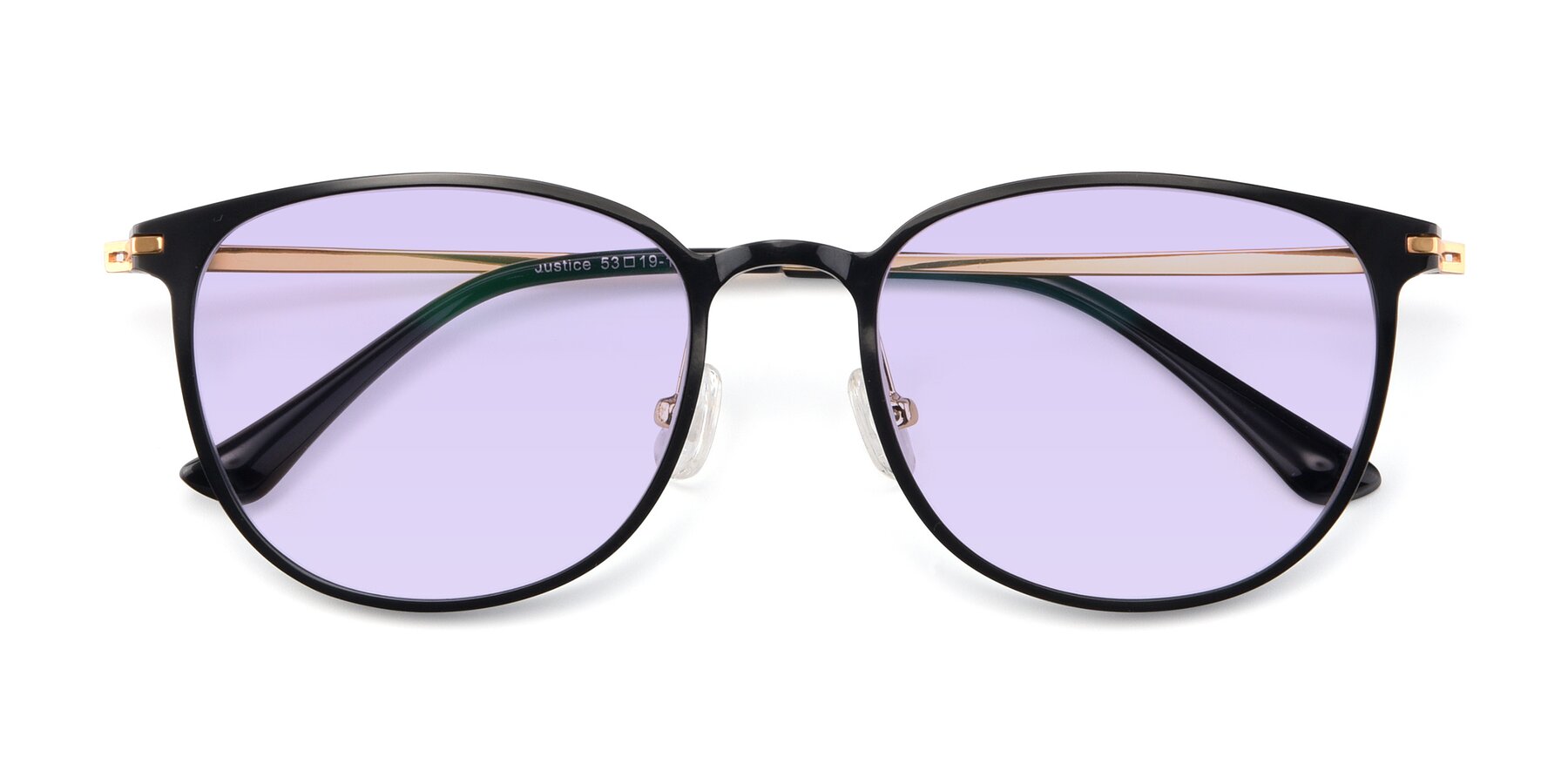 Folded Front of Justice in Black with Light Purple Tinted Lenses