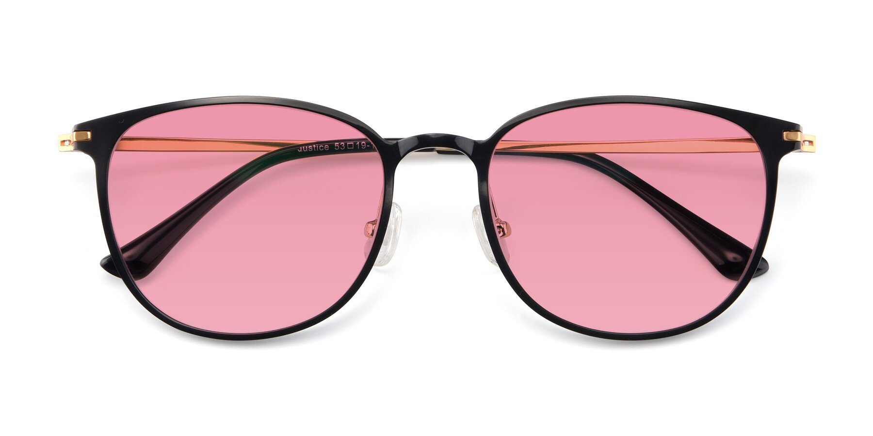 Folded Front of Justice in Black with Pink Tinted Lenses