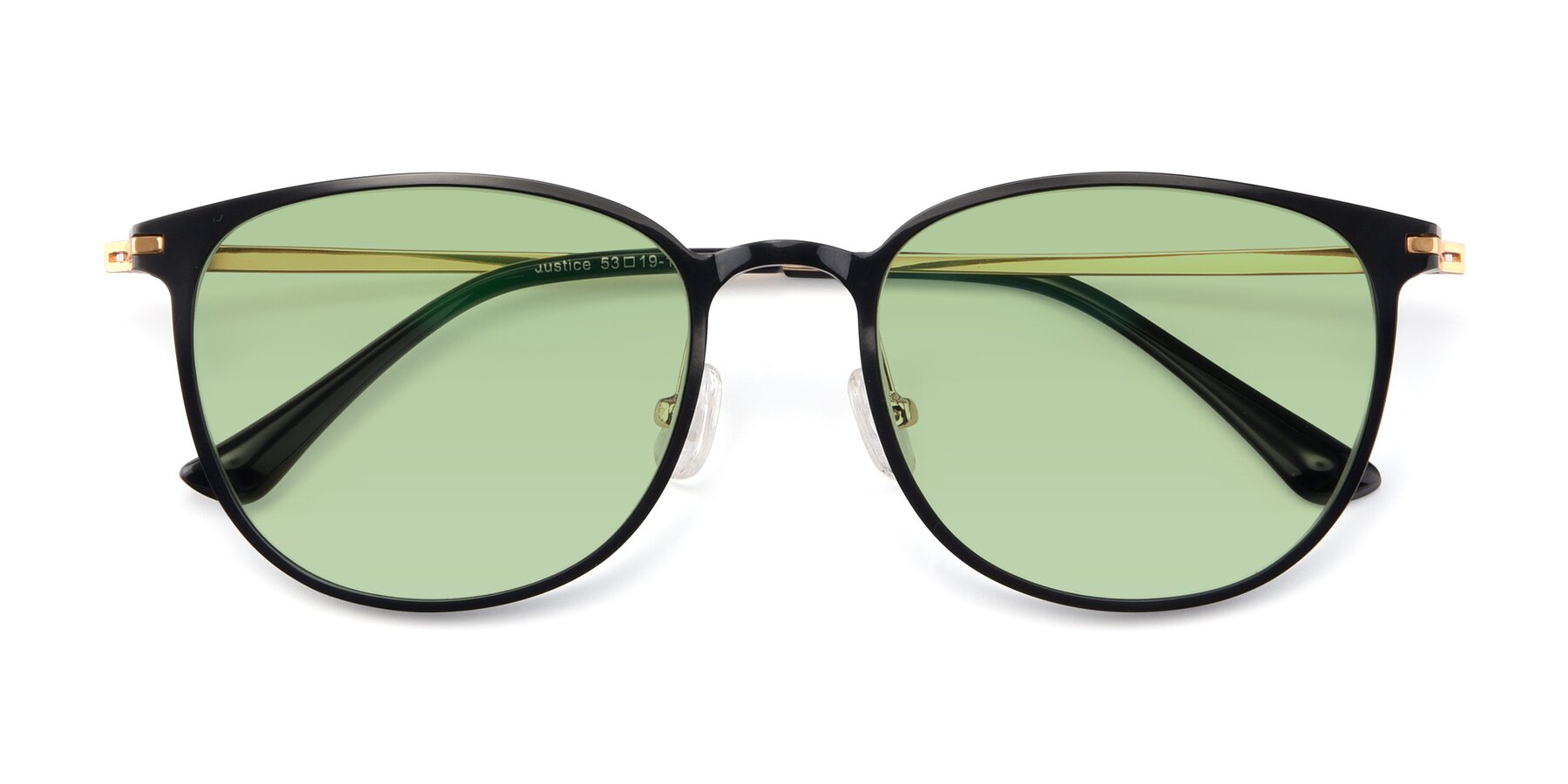 Folded Front of Justice in Black with Medium Green Tinted Lenses