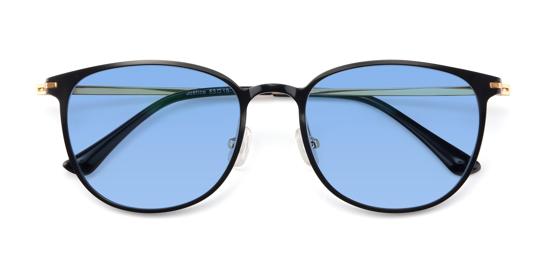 Folded Front of Justice in Black with Medium Blue Tinted Lenses