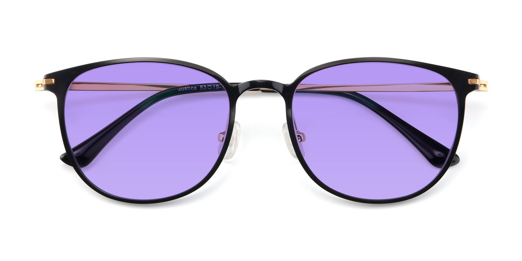 Folded Front of Justice in Black with Medium Purple Tinted Lenses