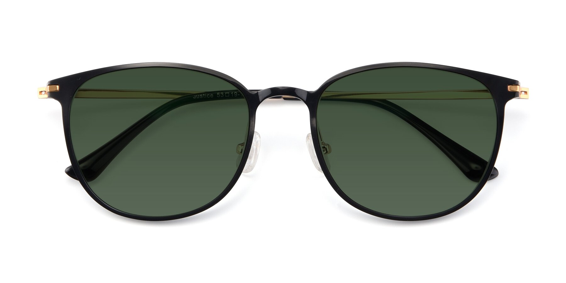 Folded Front of Justice in Black with Green Tinted Lenses