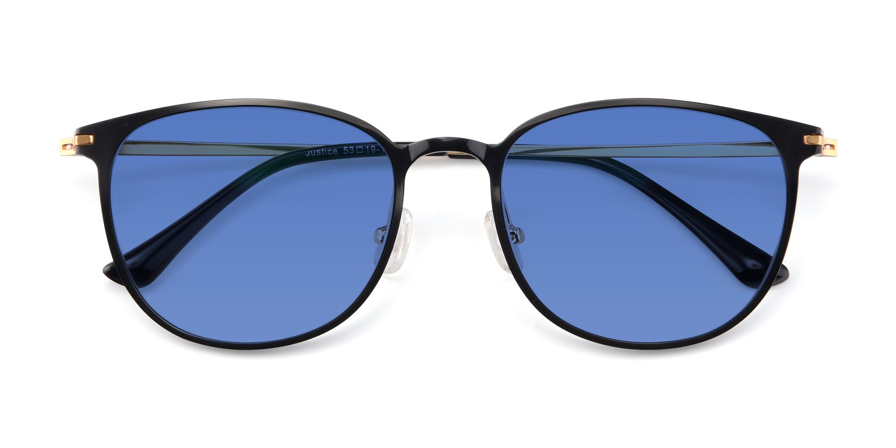 Folded Front of Justice in Black with Blue Tinted Lenses