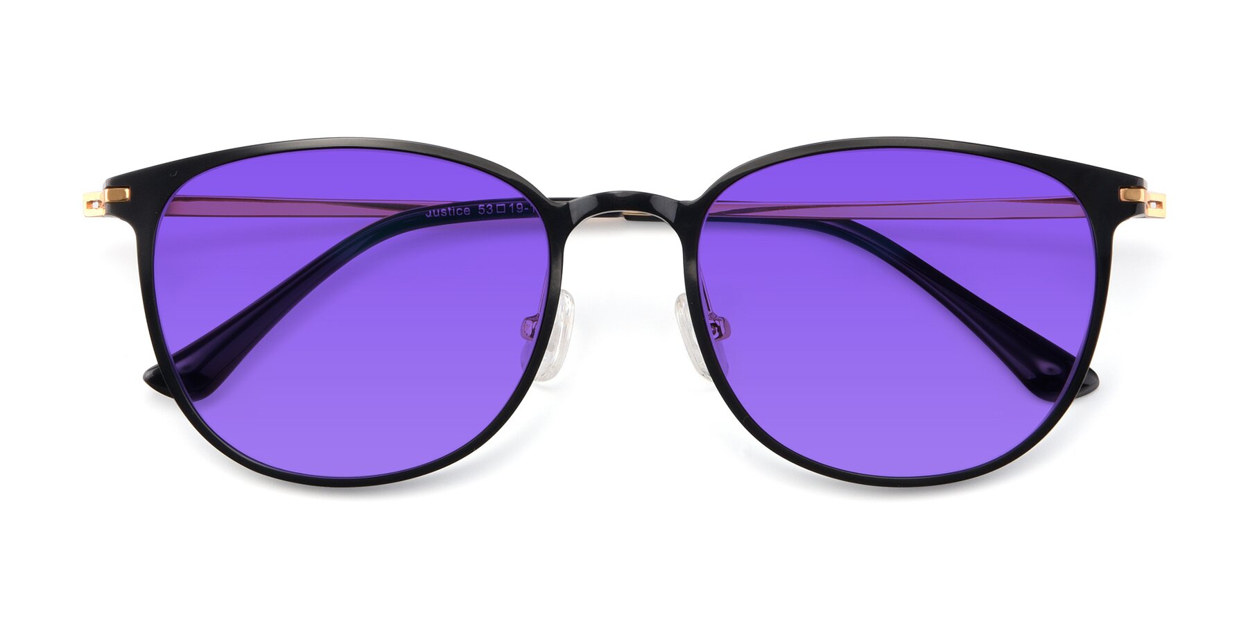 Folded Front of Justice in Black with Purple Tinted Lenses