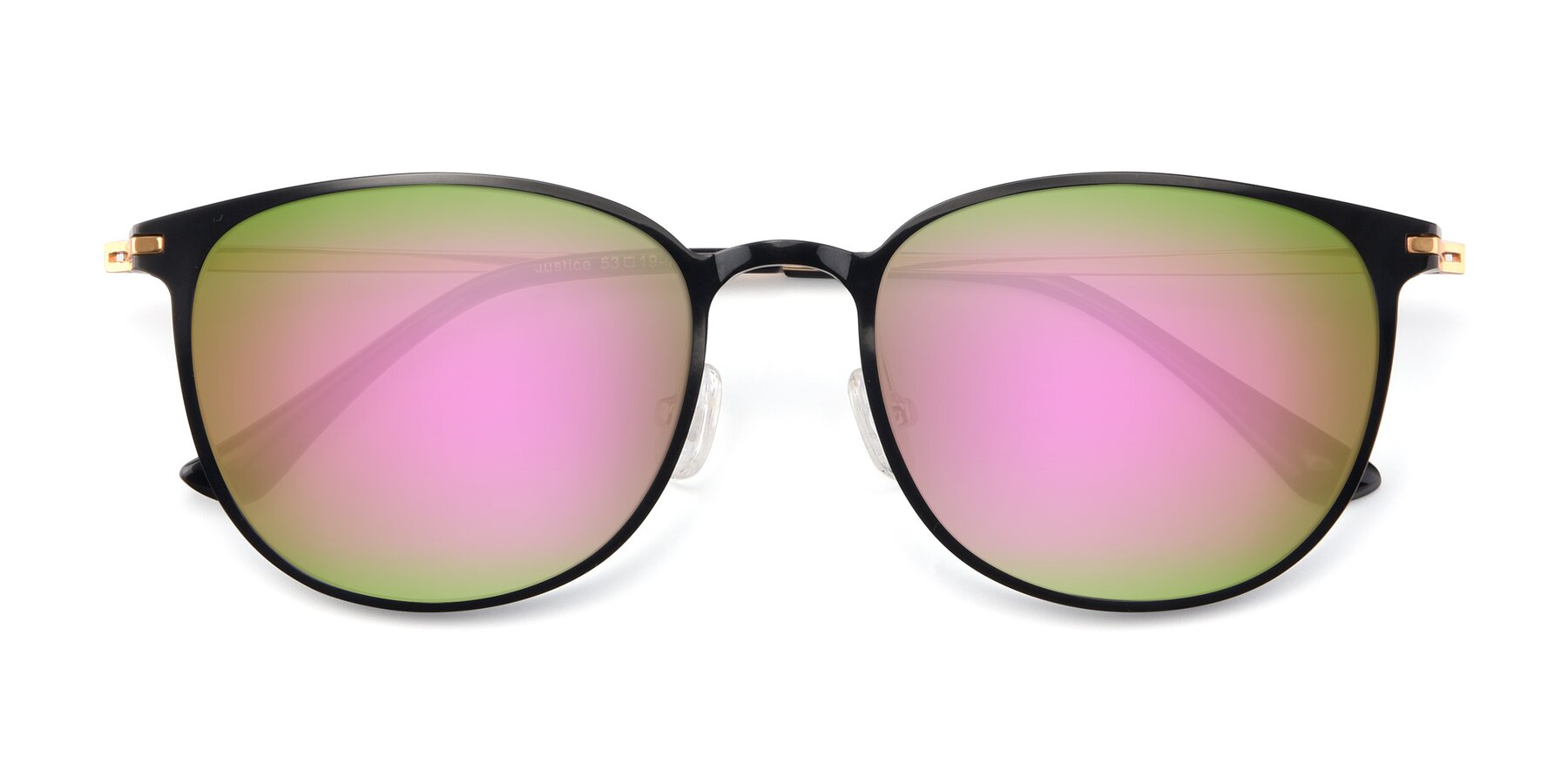 Folded Front of Justice in Black with Pink Mirrored Lenses