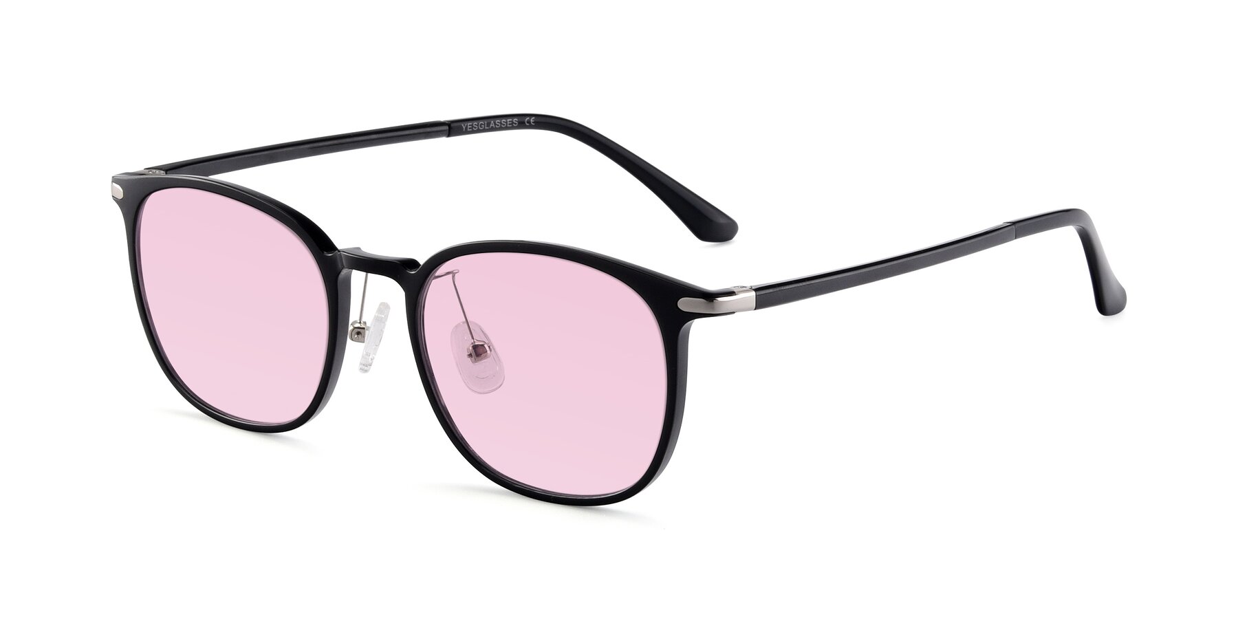 Angle of Melinda in Black with Light Pink Tinted Lenses