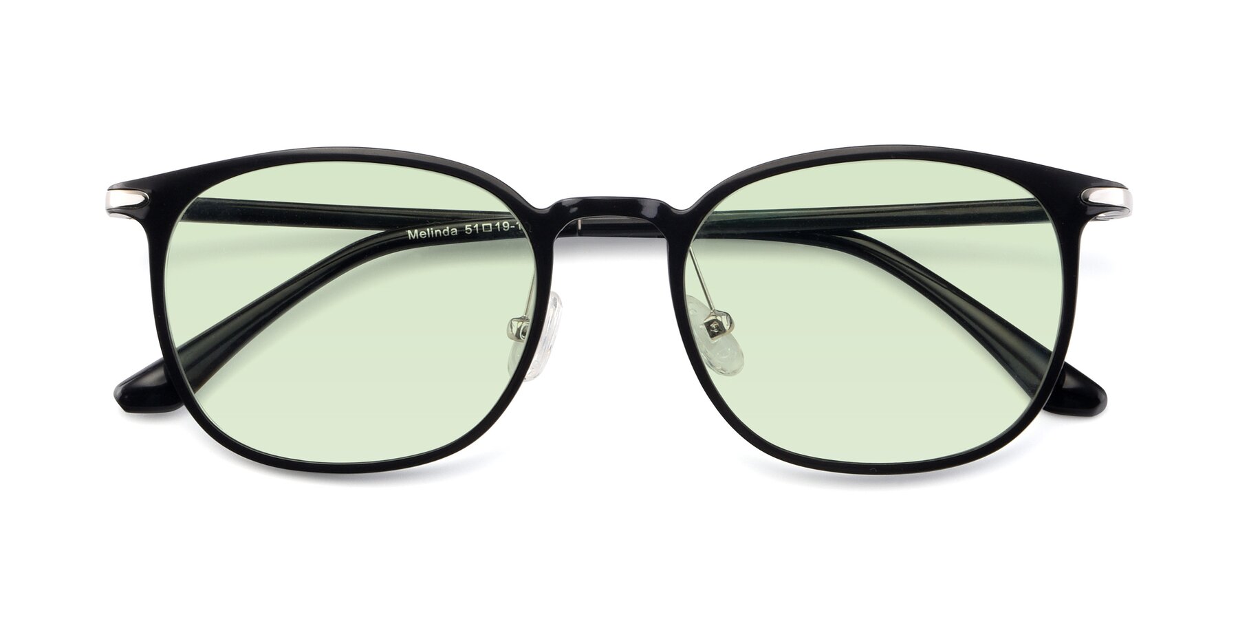 Folded Front of Melinda in Black with Light Green Tinted Lenses