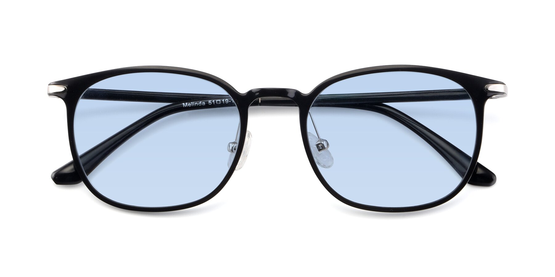 Folded Front of Melinda in Black with Light Blue Tinted Lenses
