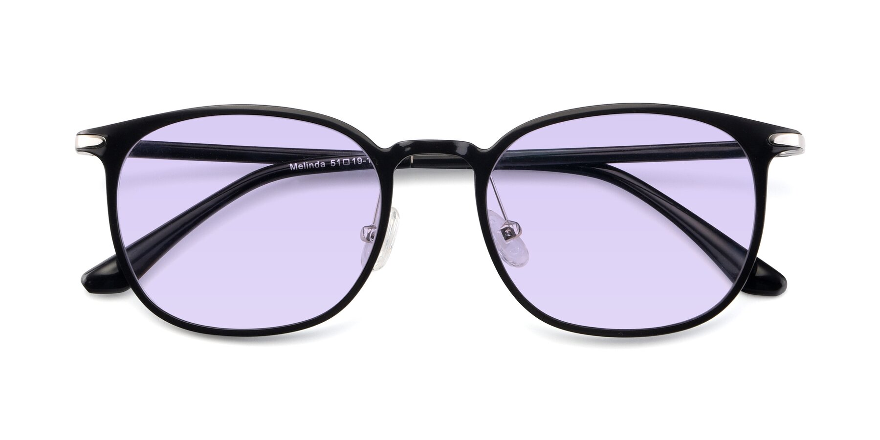 Folded Front of Melinda in Black with Light Purple Tinted Lenses
