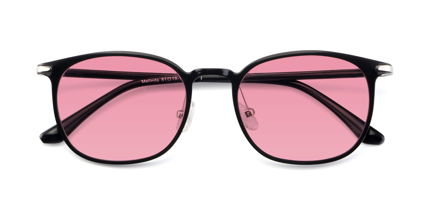 Folded Front of Melinda in Black with Pink Tinted Lenses