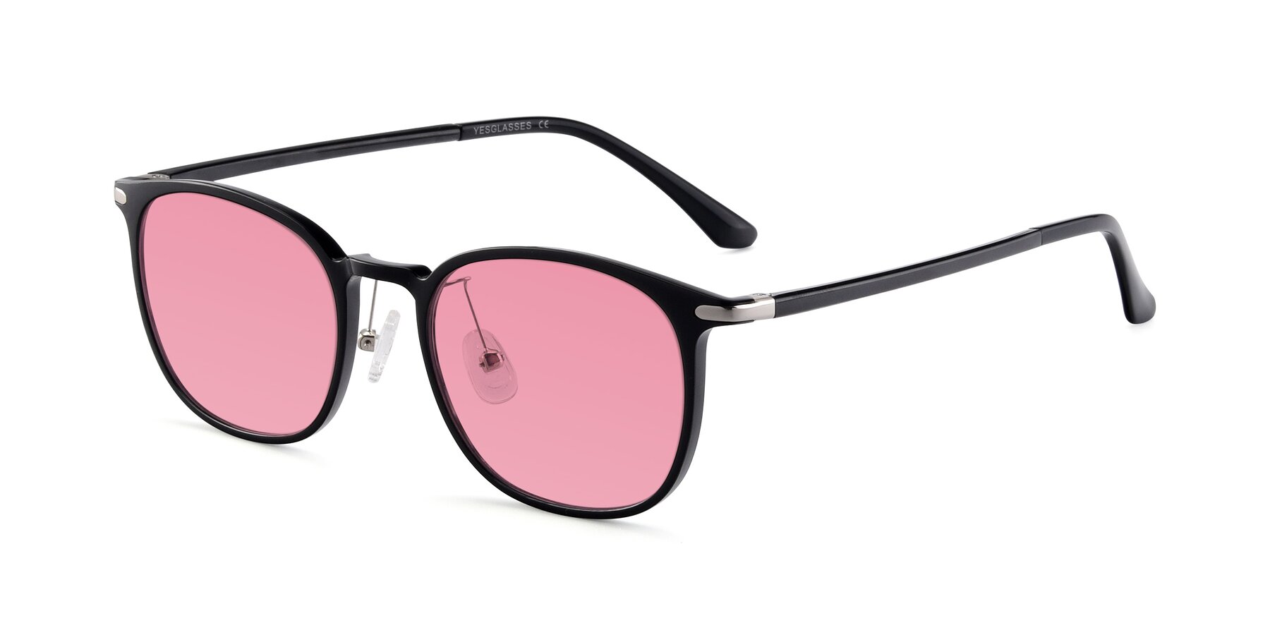 Angle of Melinda in Black with Pink Tinted Lenses