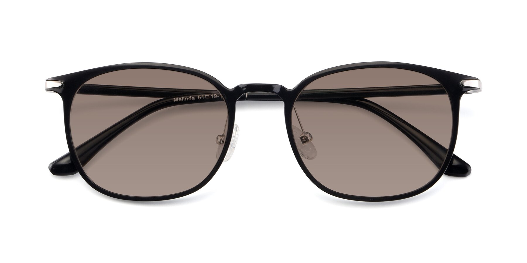 Folded Front of Melinda in Black with Medium Brown Tinted Lenses
