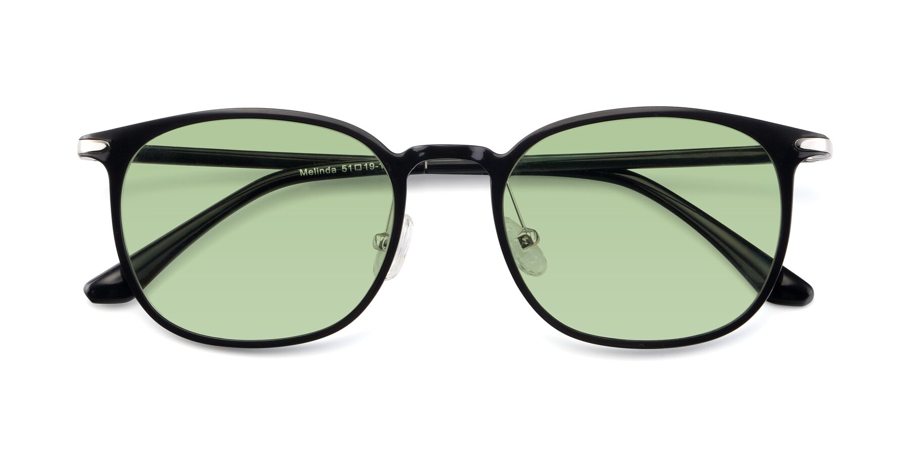 Folded Front of Melinda in Black with Medium Green Tinted Lenses