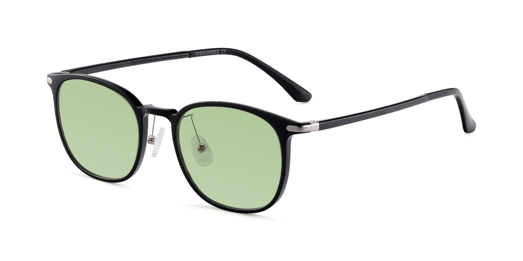 Angle of Melinda in Black with Medium Green Tinted Lenses