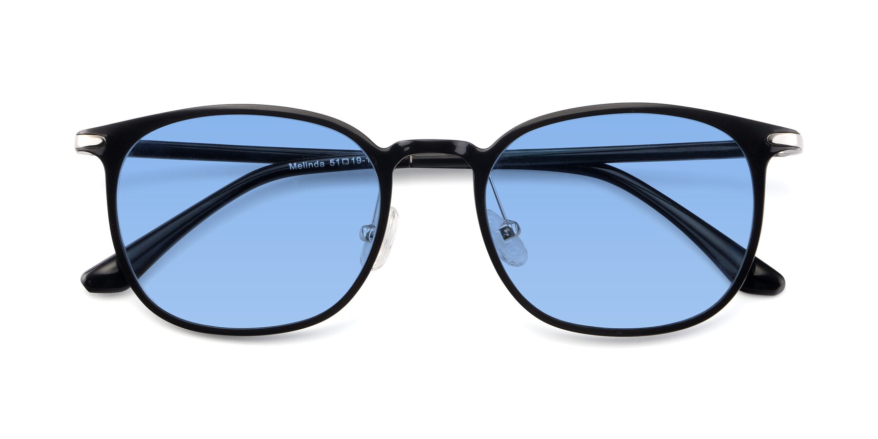 Folded Front of Melinda in Black with Medium Blue Tinted Lenses