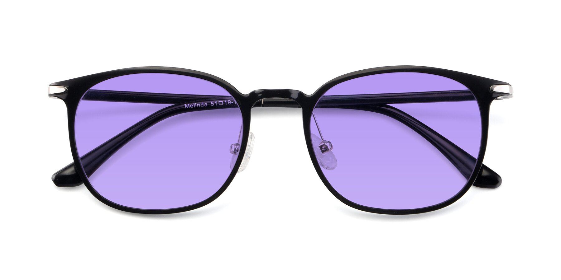 Folded Front of Melinda in Black with Medium Purple Tinted Lenses