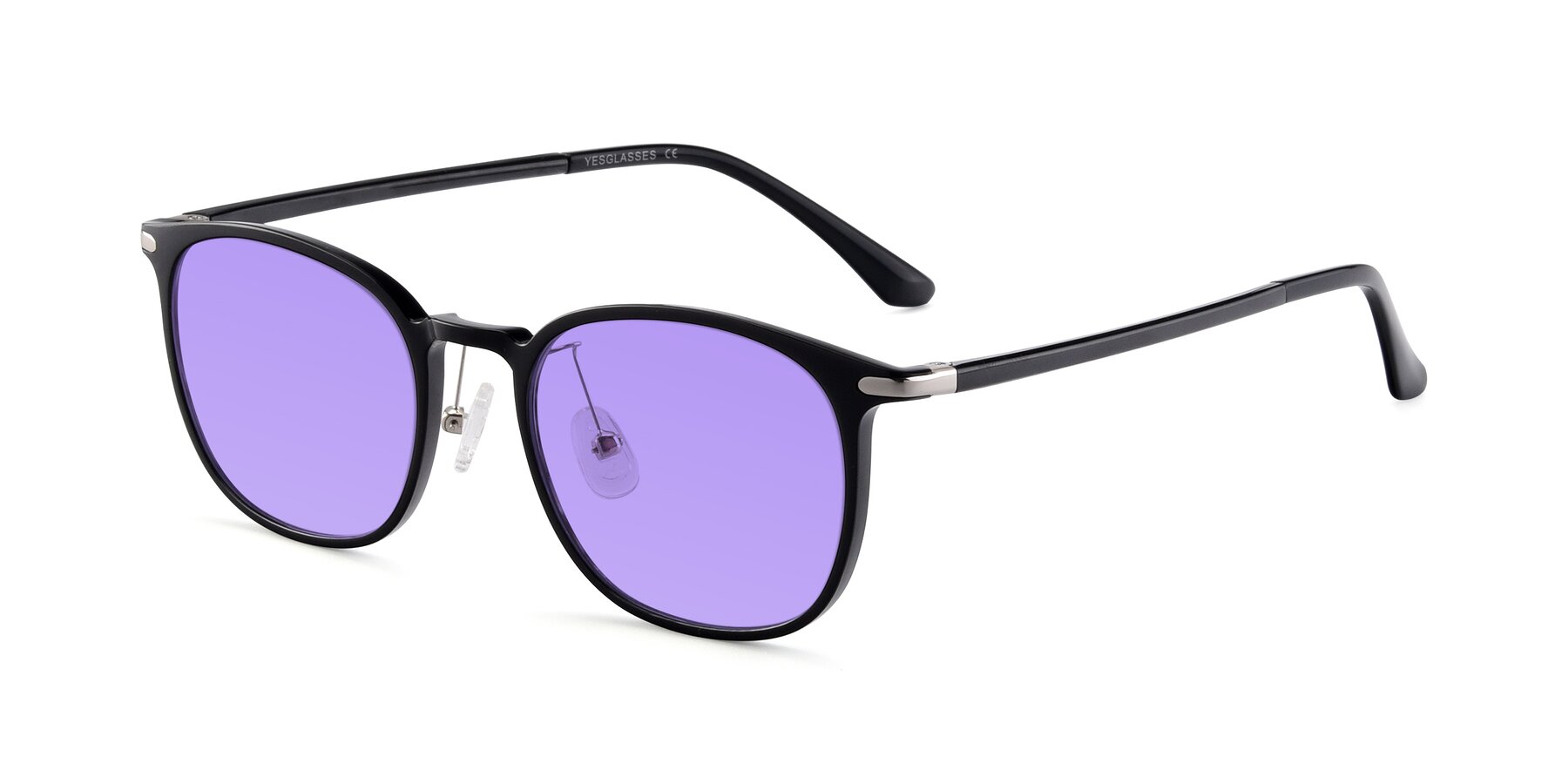 Angle of Melinda in Black with Medium Purple Tinted Lenses