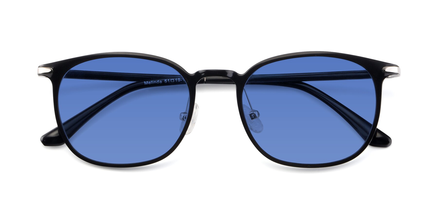 Folded Front of Melinda in Black with Blue Tinted Lenses