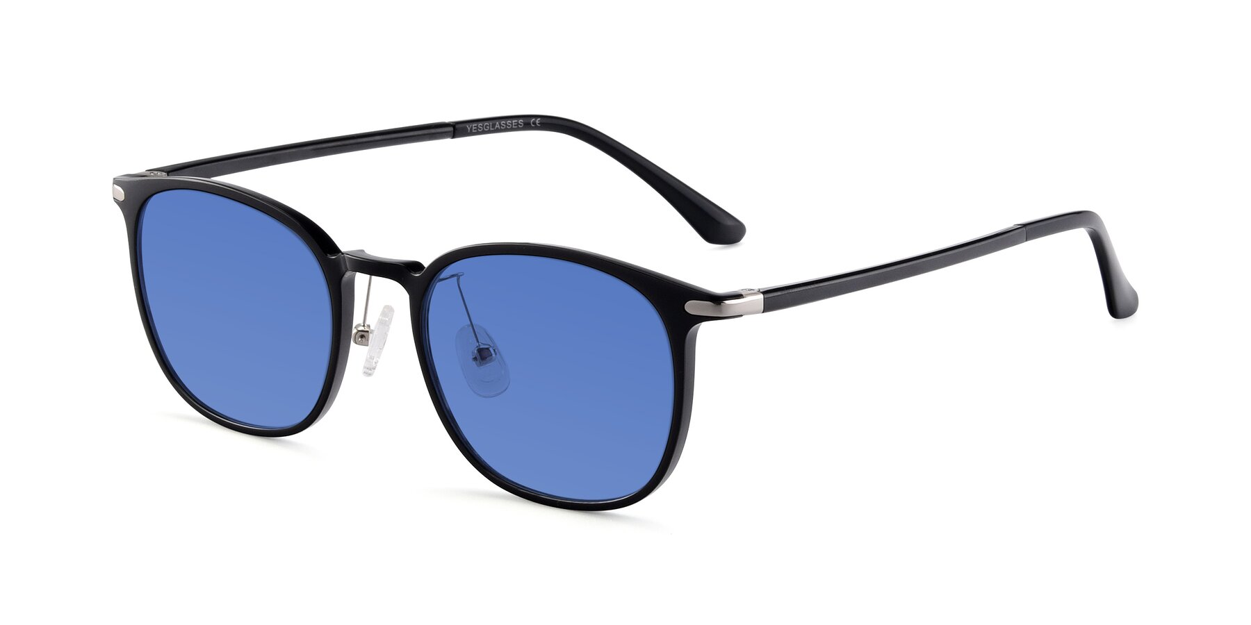 Angle of Melinda in Black with Blue Tinted Lenses