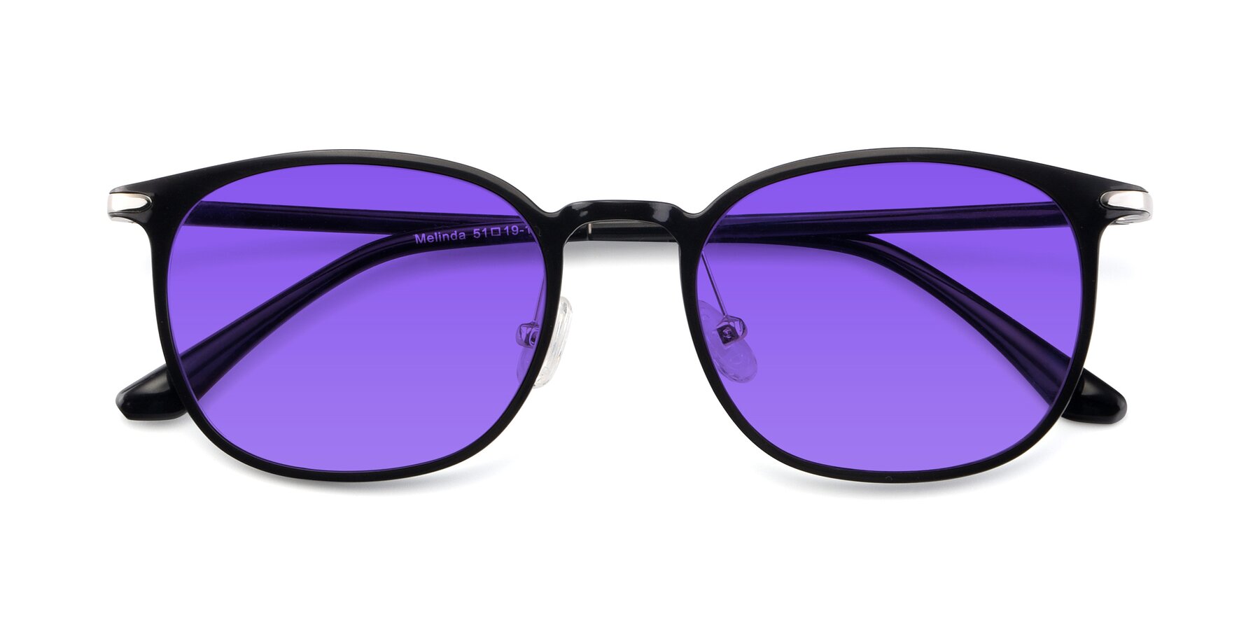 Folded Front of Melinda in Black with Purple Tinted Lenses