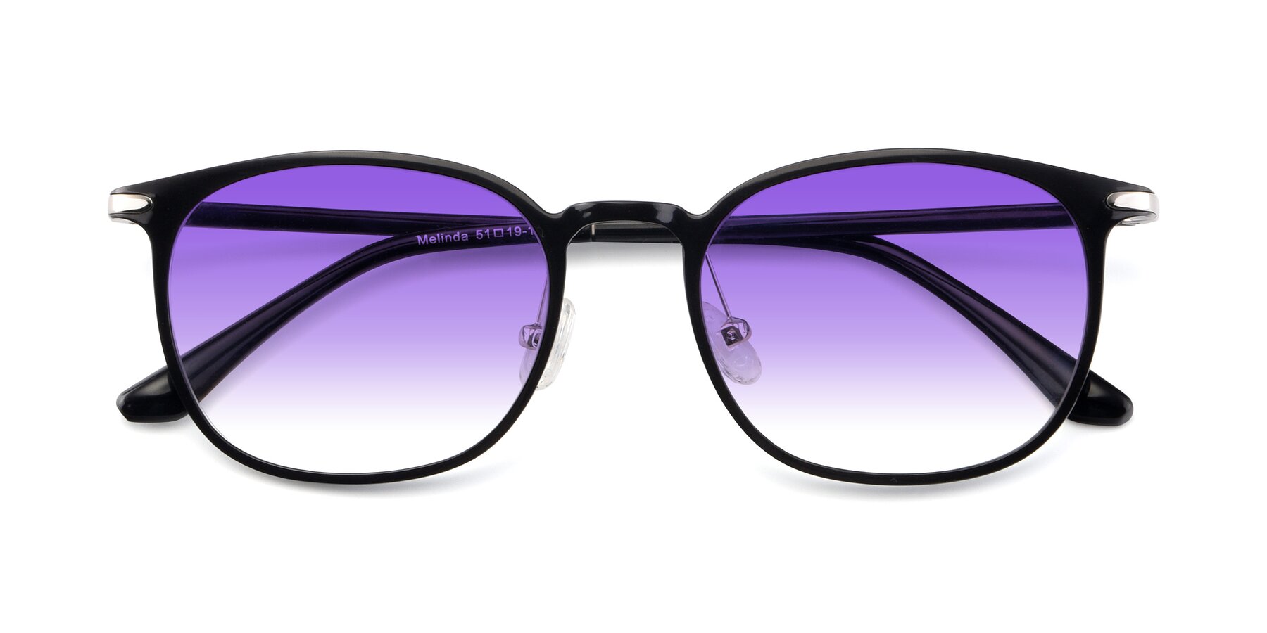 Folded Front of Melinda in Black with Purple Gradient Lenses