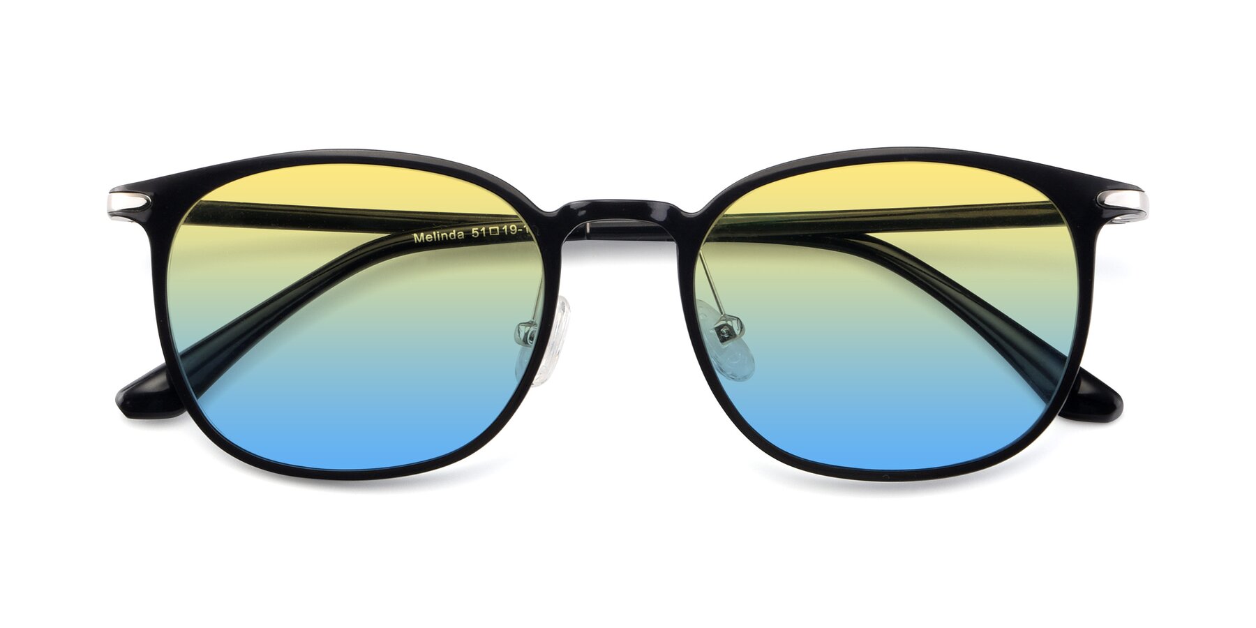 Folded Front of Melinda in Black with Yellow / Blue Gradient Lenses