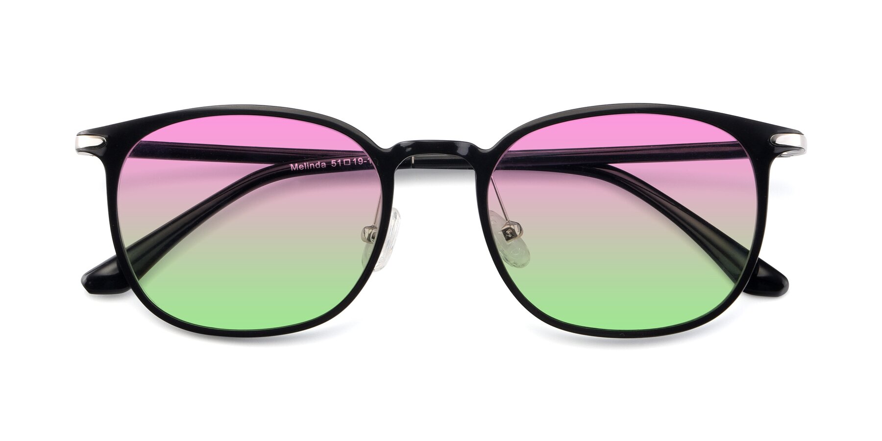 Folded Front of Melinda in Black with Pink / Green Gradient Lenses