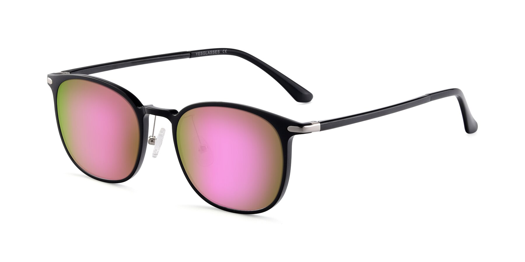 Angle of Melinda in Black with Pink Mirrored Lenses