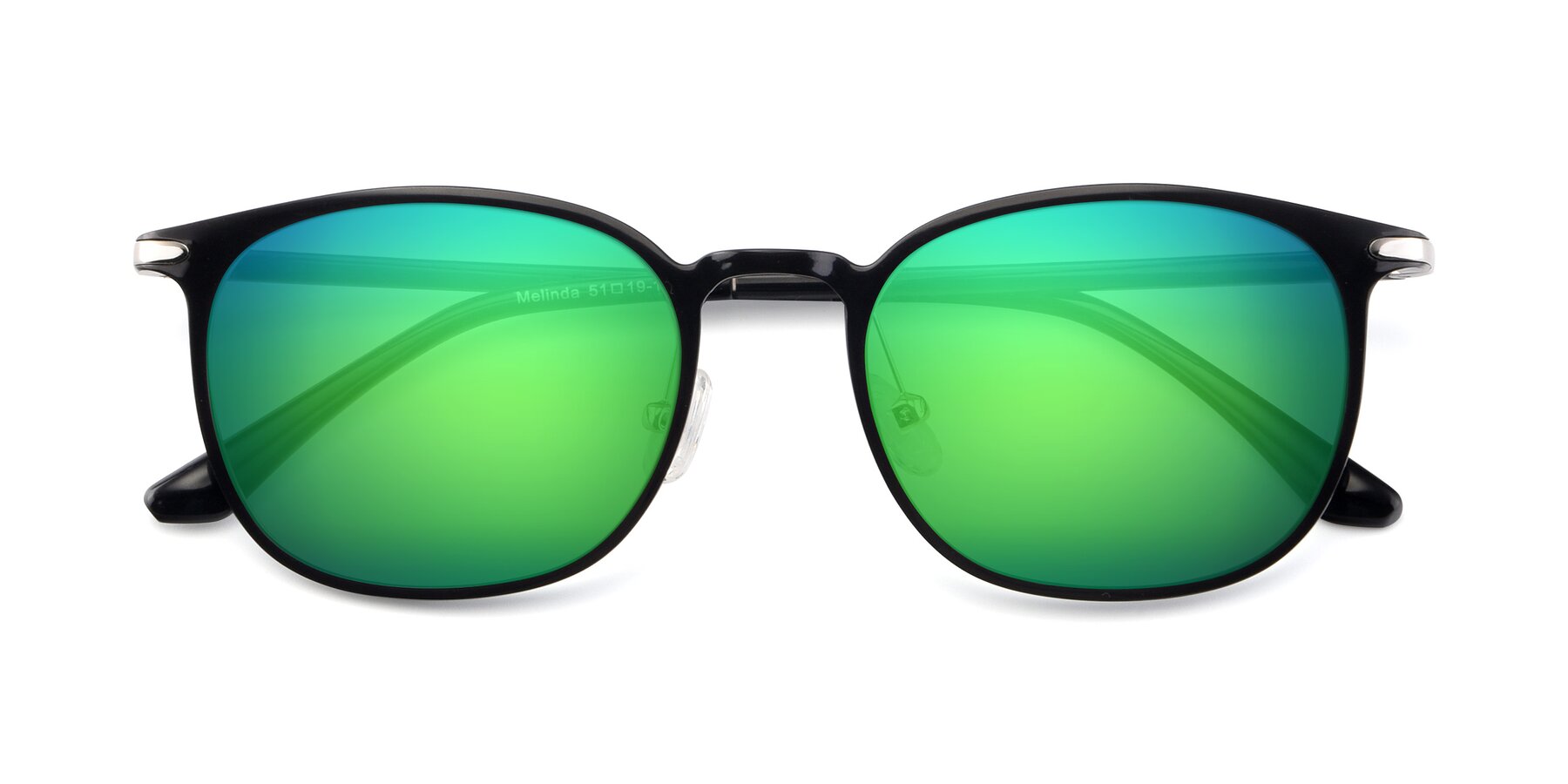 Folded Front of Melinda in Black with Green Mirrored Lenses