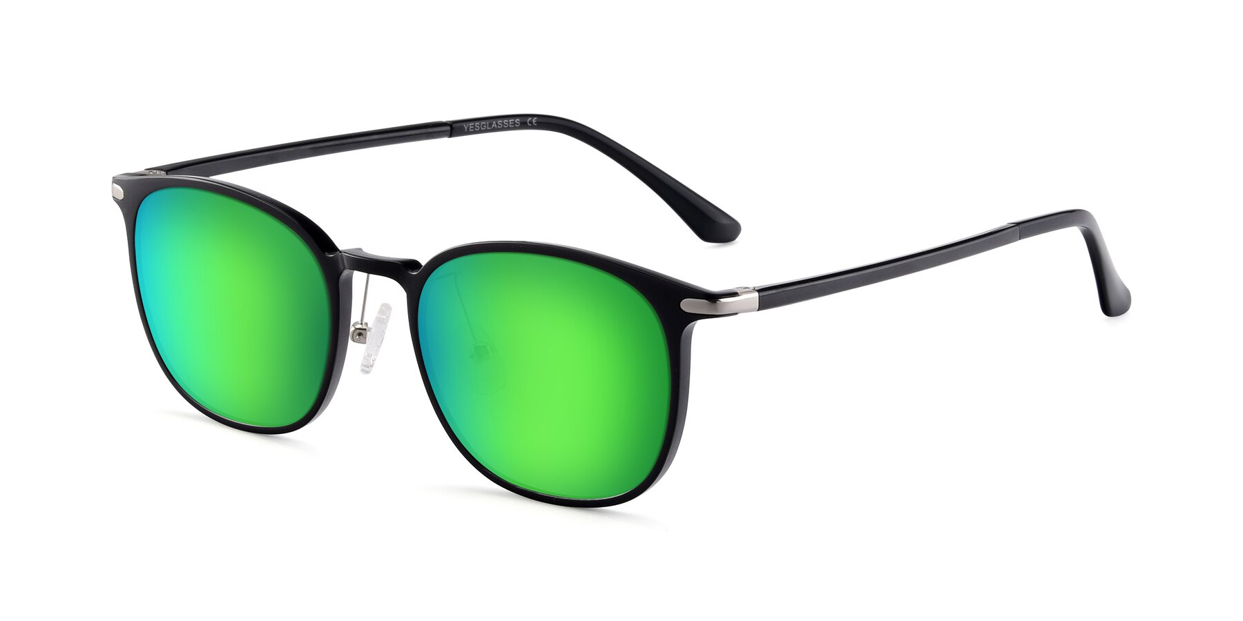 Angle of Melinda in Black with Green Mirrored Lenses