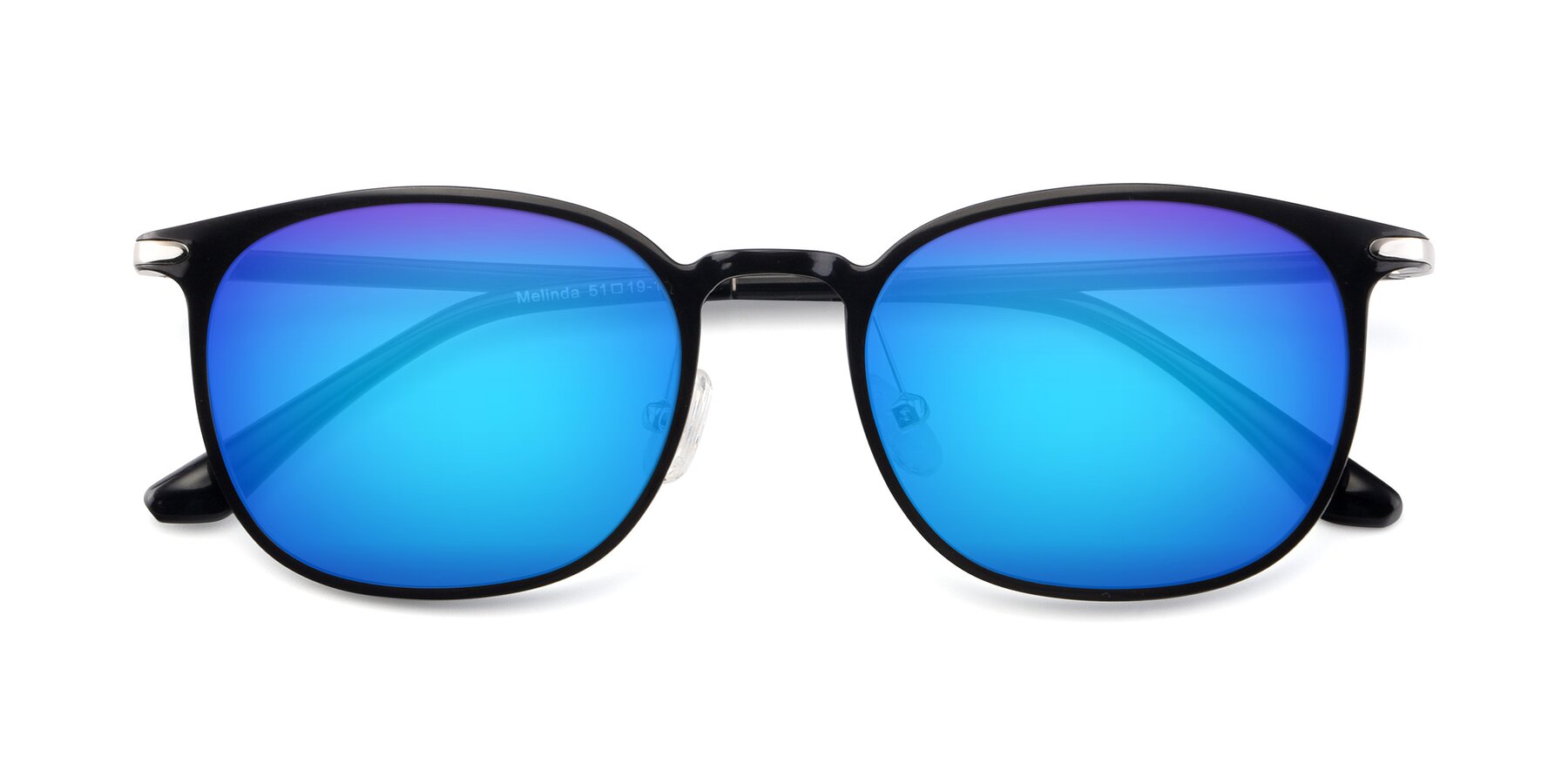Folded Front of Melinda in Black with Blue Mirrored Lenses