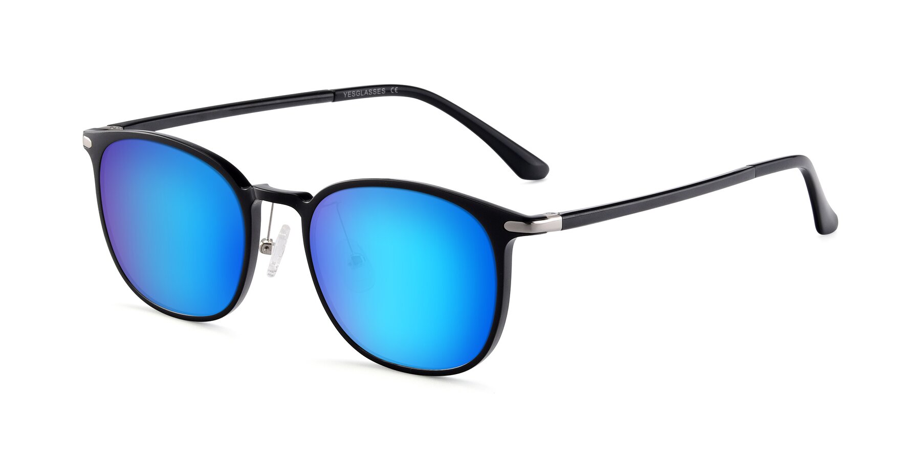 Angle of Melinda in Black with Blue Mirrored Lenses