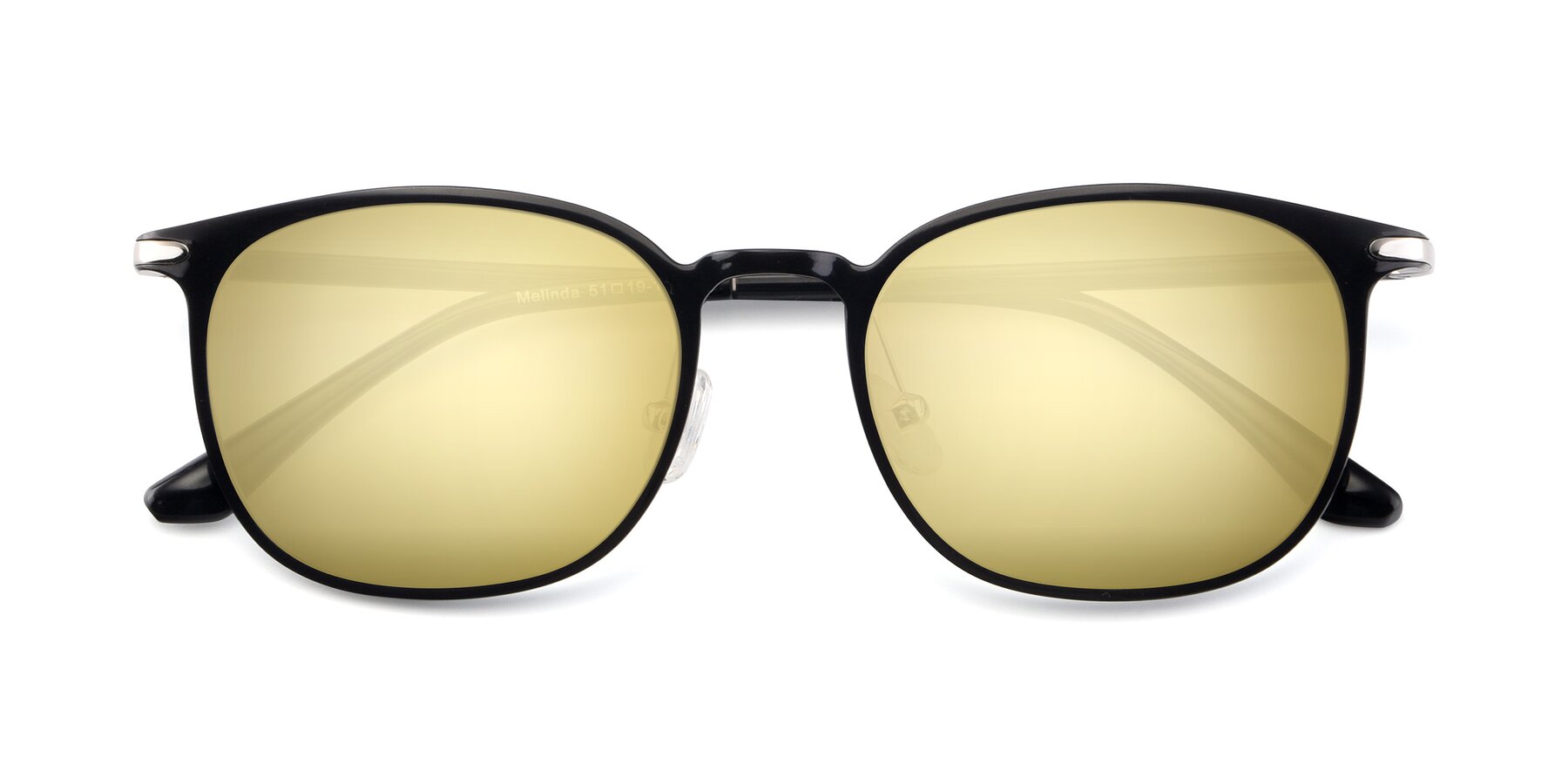 Folded Front of Melinda in Black with Gold Mirrored Lenses