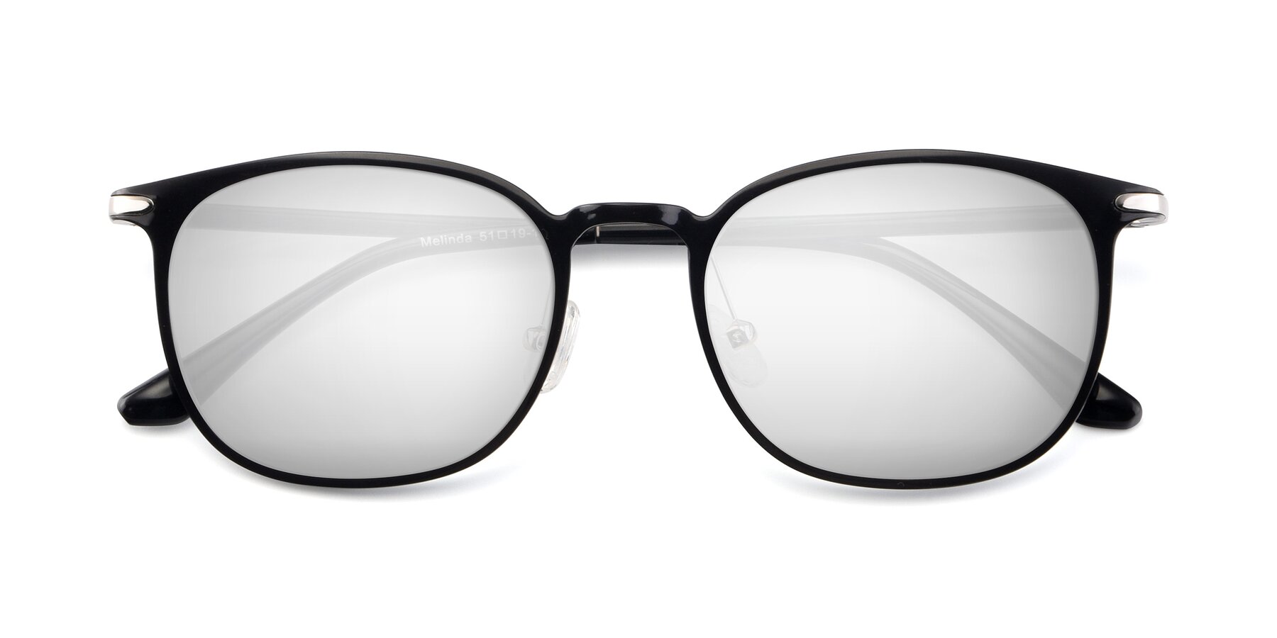 Folded Front of Melinda in Black with Silver Mirrored Lenses