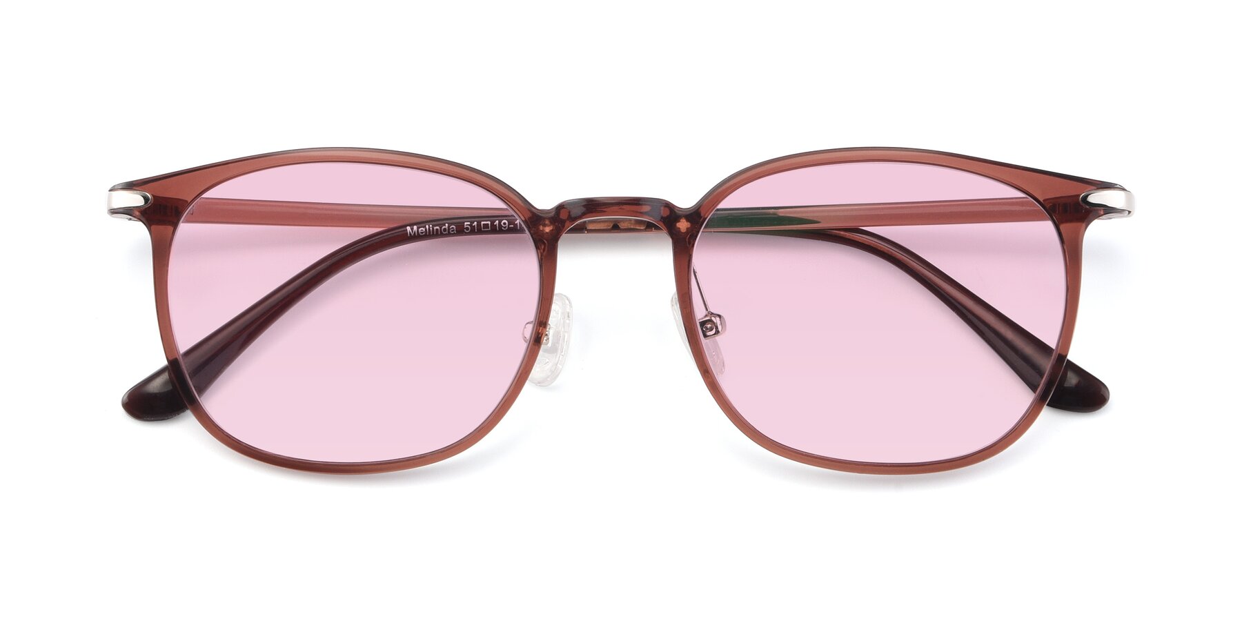 Folded Front of Melinda in Brown with Light Pink Tinted Lenses