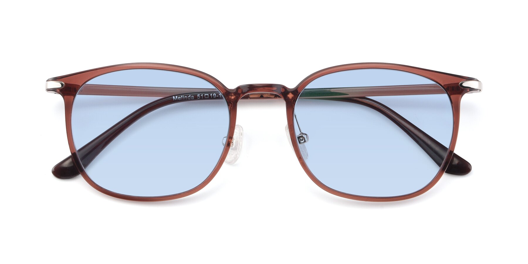 Folded Front of Melinda in Brown with Light Blue Tinted Lenses