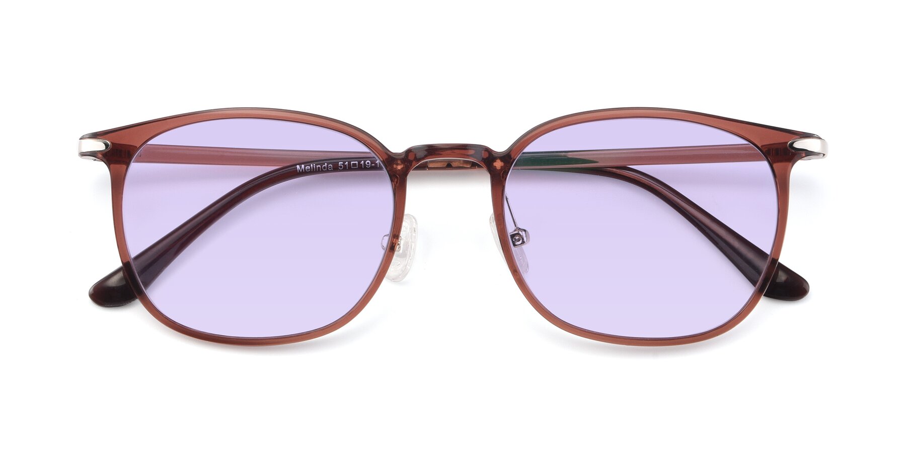 Folded Front of Melinda in Brown with Light Purple Tinted Lenses